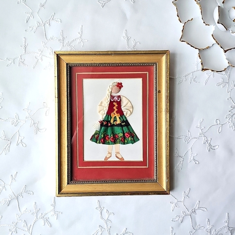 Vintage Polish Folk Art Shadowbox Signed 1994 3D Framed Dress Girl